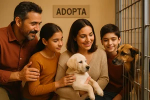 Familia eligiendo entre adoptar cachorro o perro adulto en refugio de animales