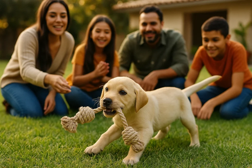 Cachorro jugando con familia adoptiva mostrando ventajas de adopción temprana