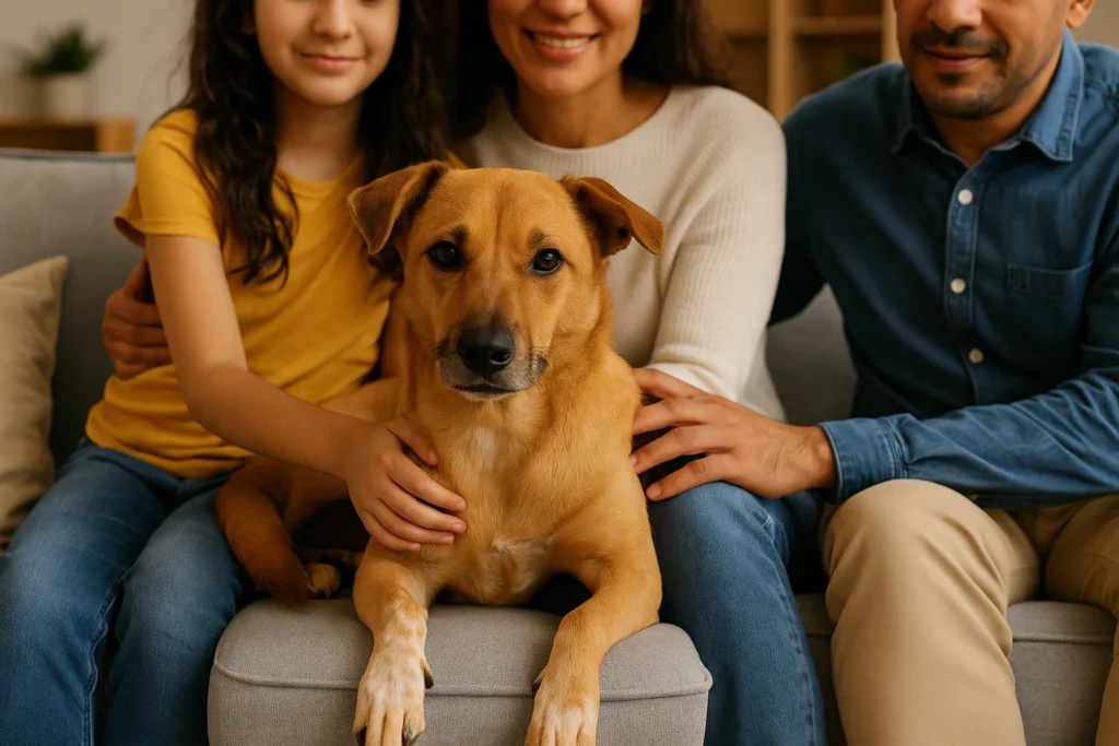 Perro adulto tranquilo con nueva familia adoptiva demostrando adaptación exitosa