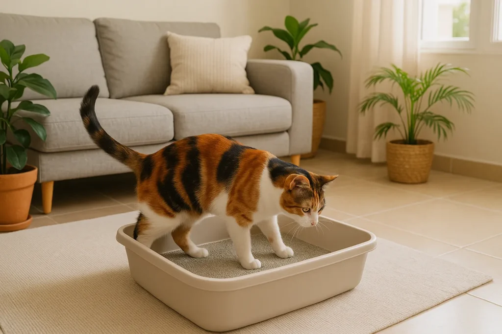 Gato dominicano usando caja con la mejor arena en hogar limpio e higiénico