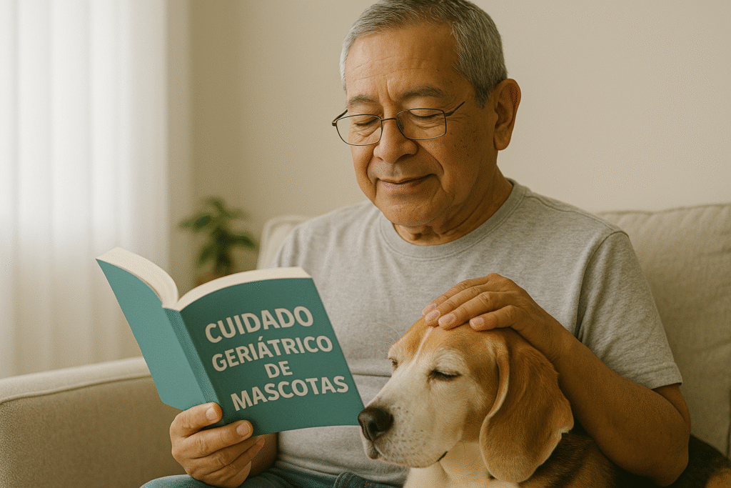 Cuidado de mascotas senior siguiendo recomendaciones de libros especializados en geriatría veterinaria