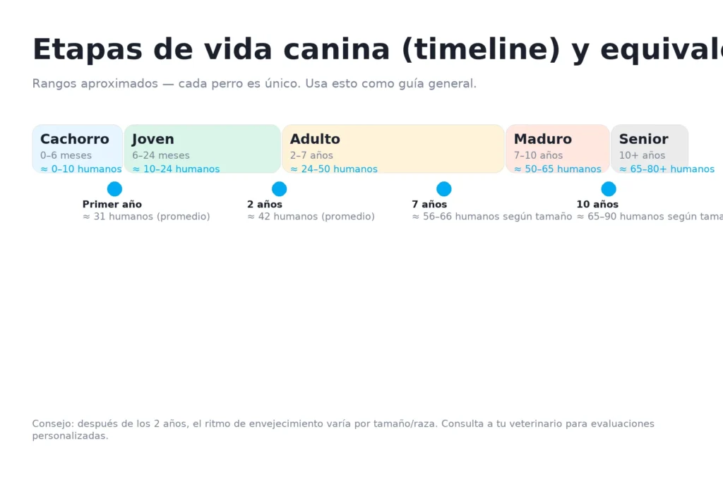 Timeline visual mostrando las etapas de vida de un perro desde cachorro hasta senior con equivalencias humanas.