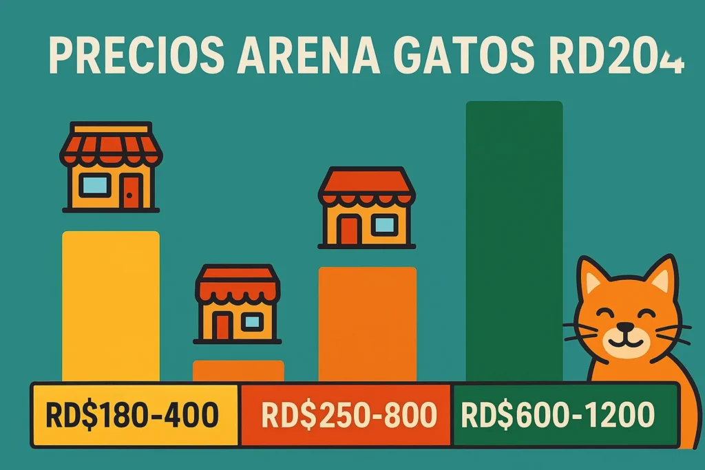 Infografía precios arena para gatos República Dominicana supermercados y tiendas