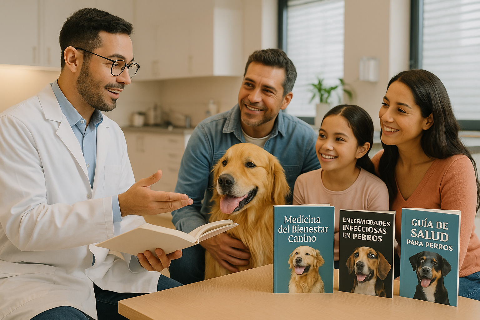Veterinario recomendando libros especializados para el cuidado de mascotas a una familia responsable