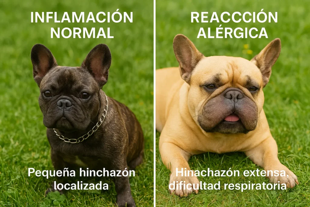 Comparativa síntomas picadura abeja perros: reacción normal vs alérgica grave