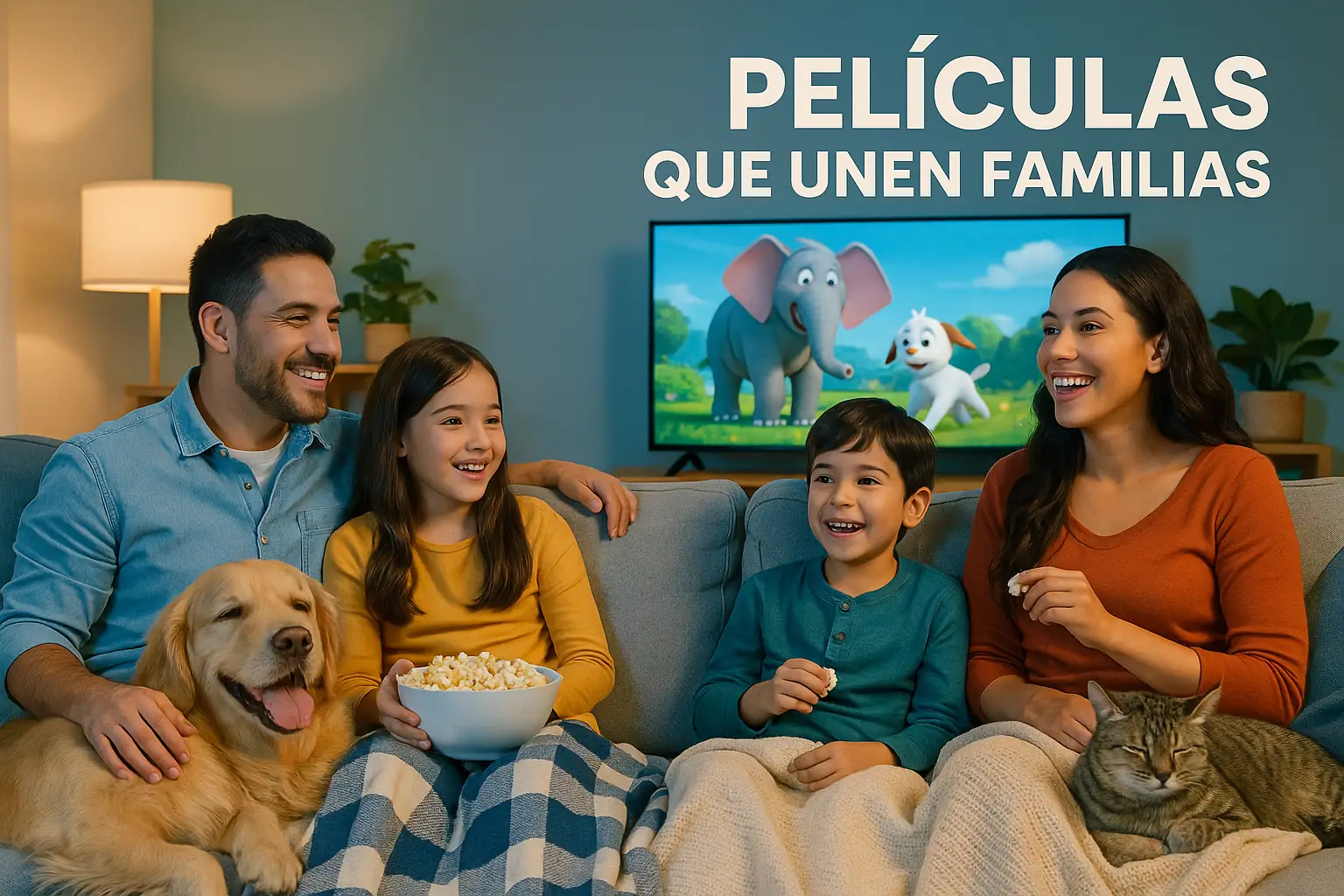 Familia disfrutando películas como perros y gatos en casa con sus mascotas adoptadas