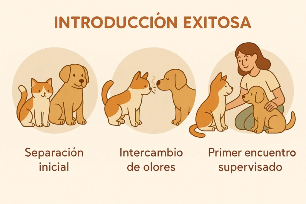 Guía visual introducción gradual perros gatos evitar peleas