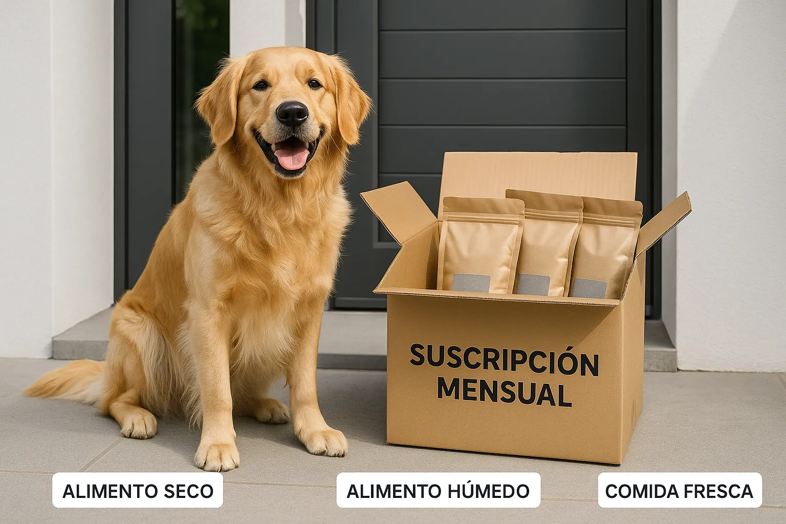 Perro recibiendo suscripción de comida para mascotas en su hogar