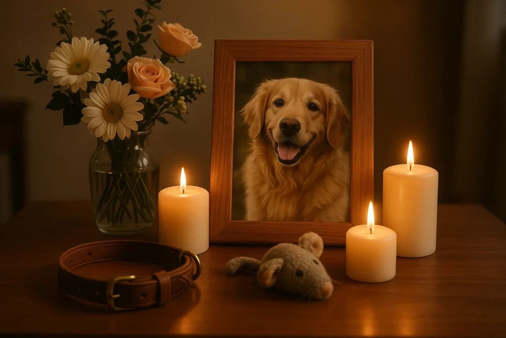 Altar conmemorativo para honrar la memoria de una mascota fallecida con fotos, velas y recuerdos