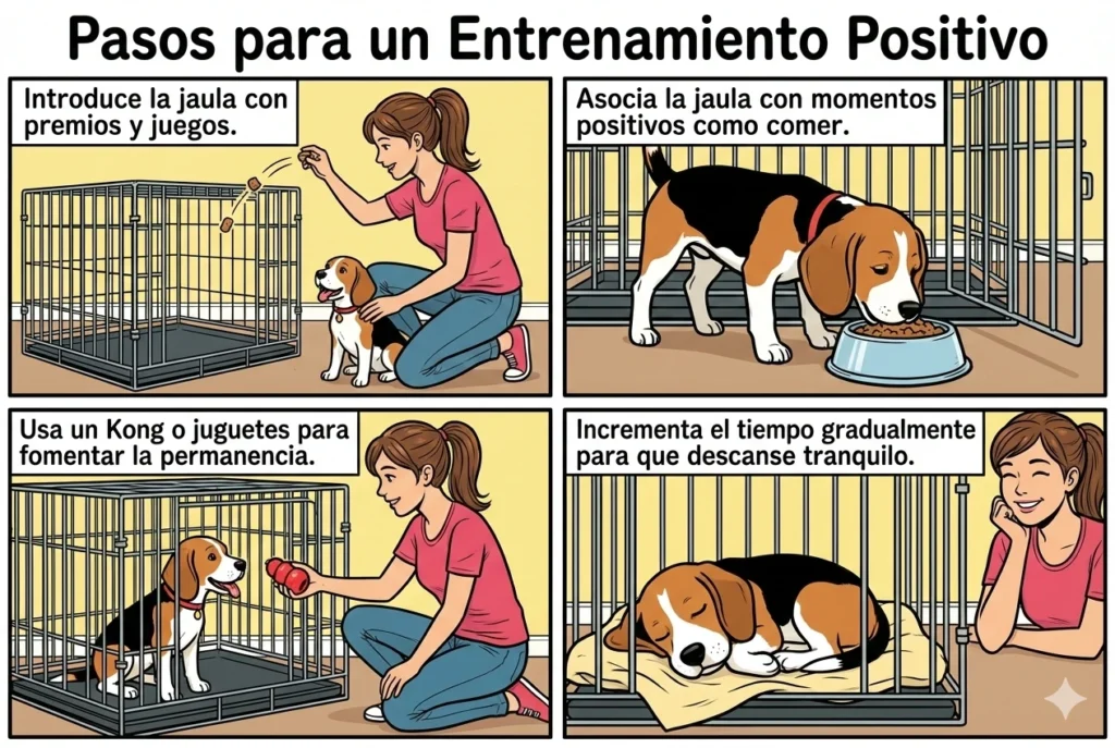 Guía paso a paso ilustrada sobre cómo realizar el entrenamiento de jaula de forma positiva con un cachorro.