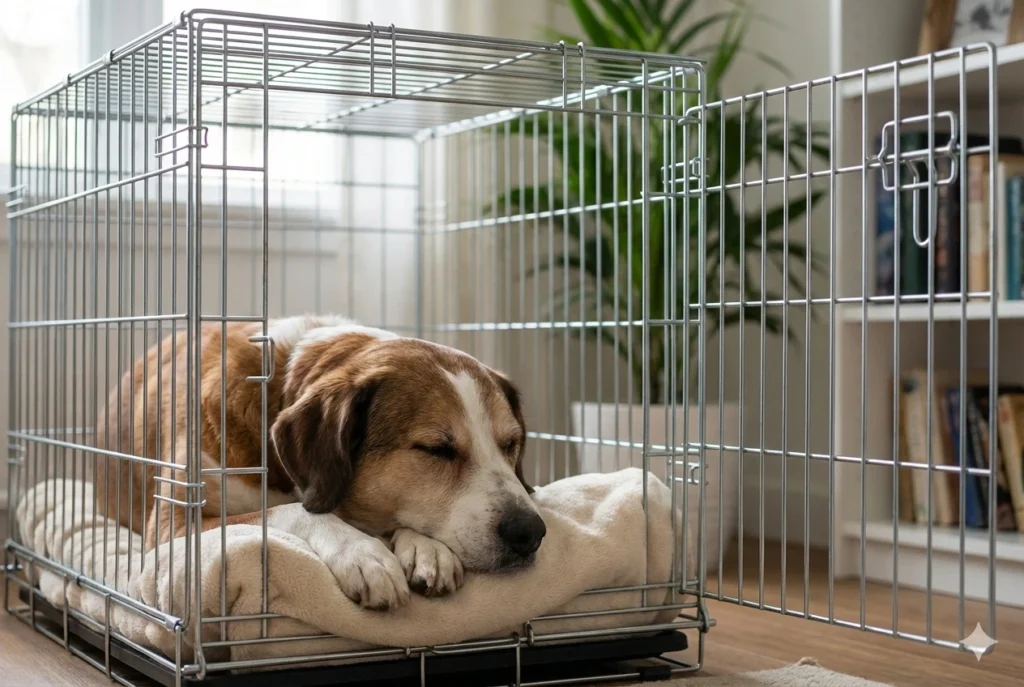 Perro adulto descansando voluntariamente en su jaula abierta, demostrando un entrenamiento de jaula exitoso.