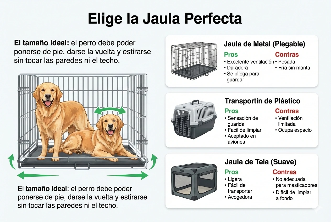 Infografía explicando cómo elegir el tamaño y tipo de jaula correctos para el entrenamiento de jaula de un perro.