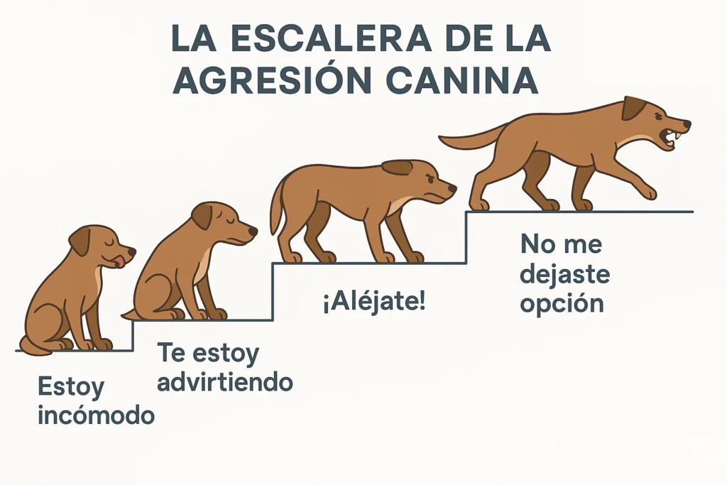 Infografía explicando las señales de la agresividad en perros, desde la incomodidad hasta la mordida.