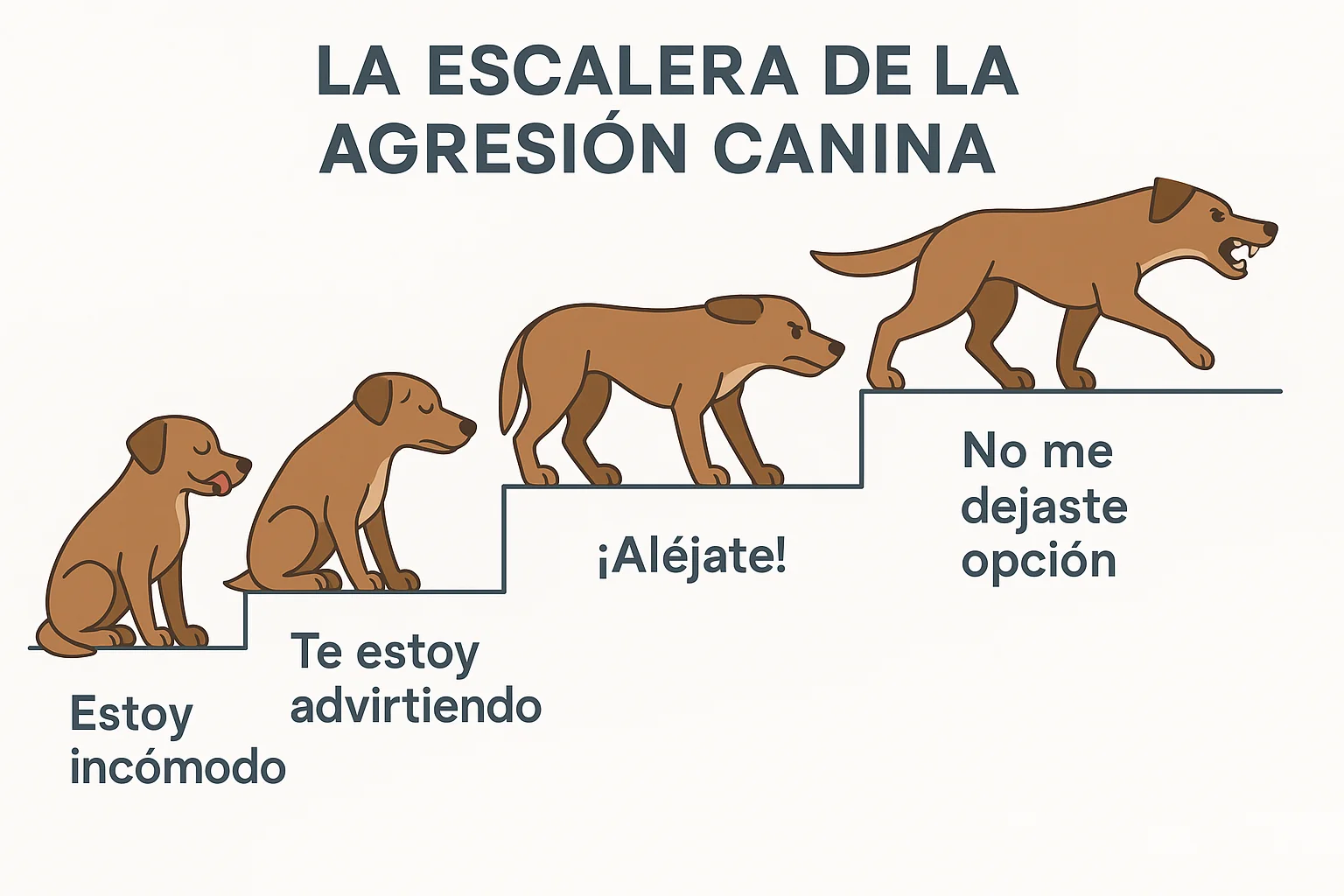 Infografía explicando las señales de la agresividad en perros, desde la incomodidad hasta la mordida.
