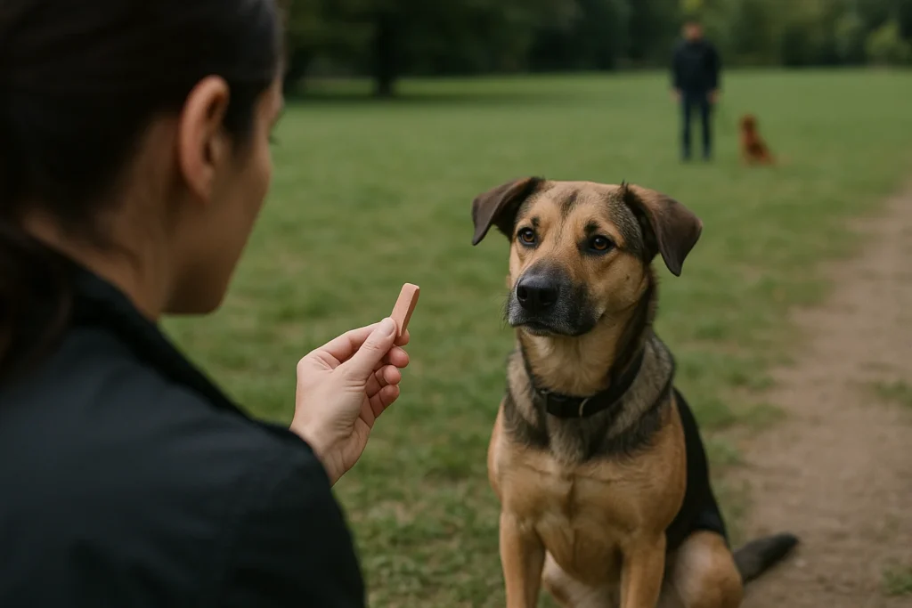 Mujer entrenando a su perro con agresividad usando refuerzo positivo en un parque.