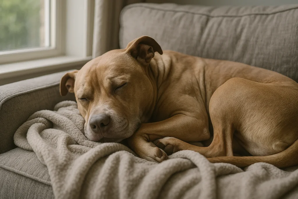 Perro rescatado con pasado de agresividad durmiendo pacíficamente en su nuevo hogar.