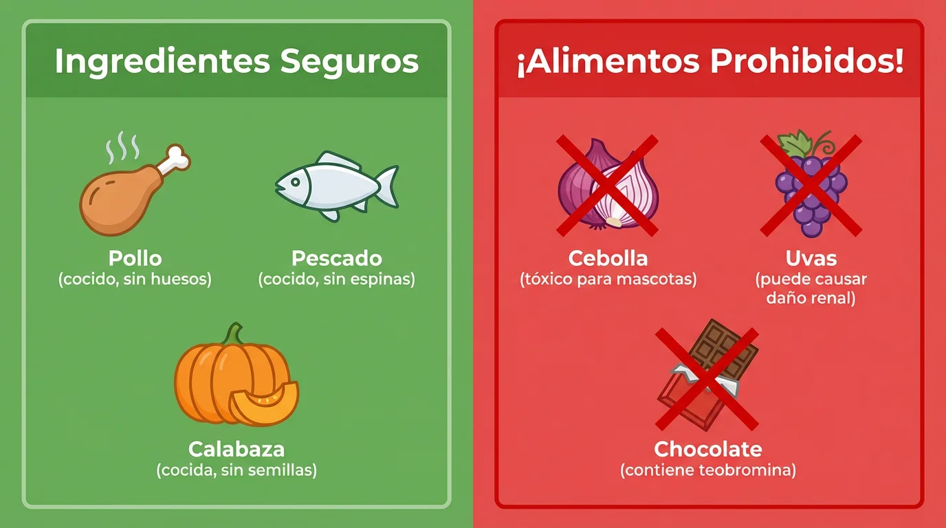 Infografía de ingredientes seguros y prohibidos para incluir en recetas caseras para gatos.