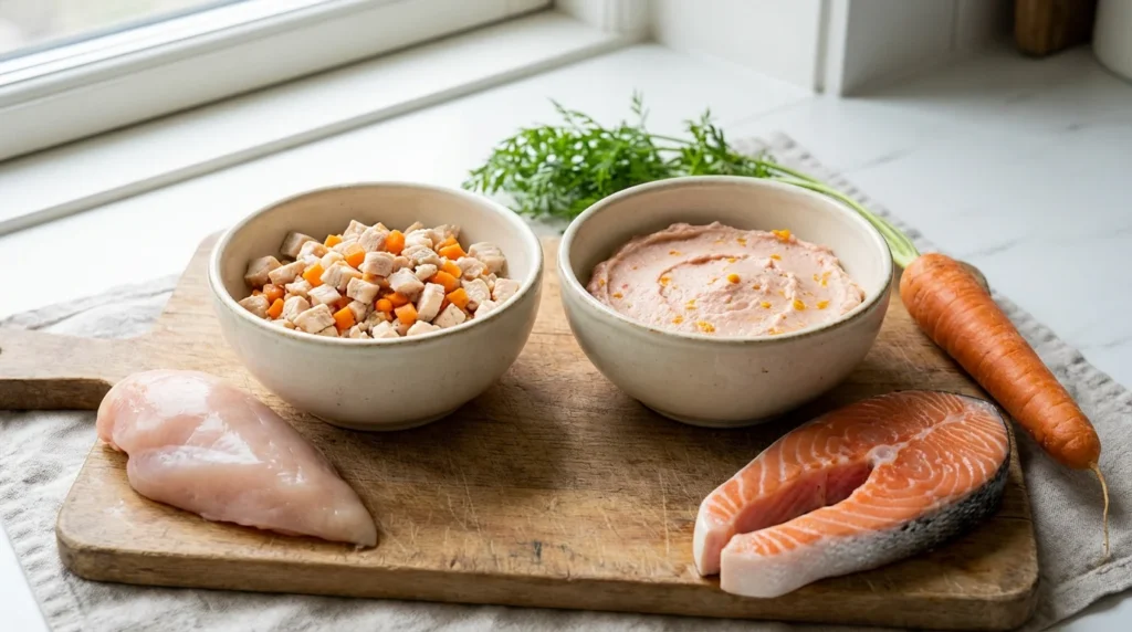 Dos ejemplos de premios caseros para gatos: bocaditos de pollo y paté de salmón.