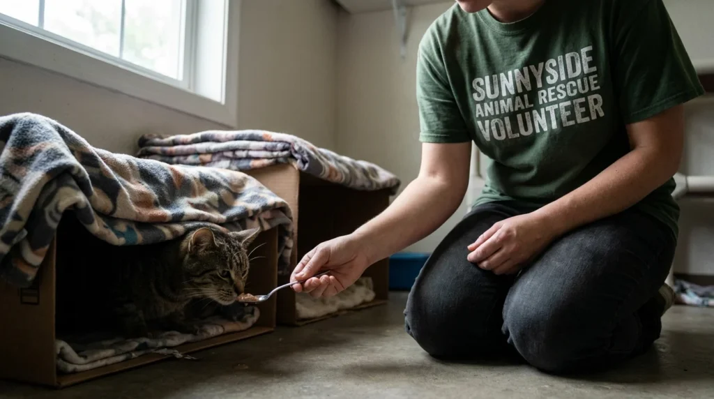 Voluntario de Reto Rescate alimentando a un gato rescatado para ayudar en su recuperación.