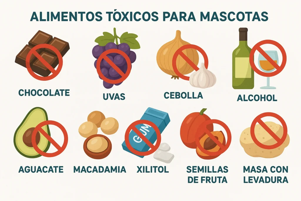 Alimentos tóxicos para mascotas infografía con chocolate uvas cebolla ajo prohibidos