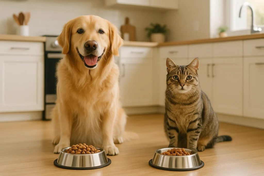 Mascotas saludables con alimentación segura perro y gato felices