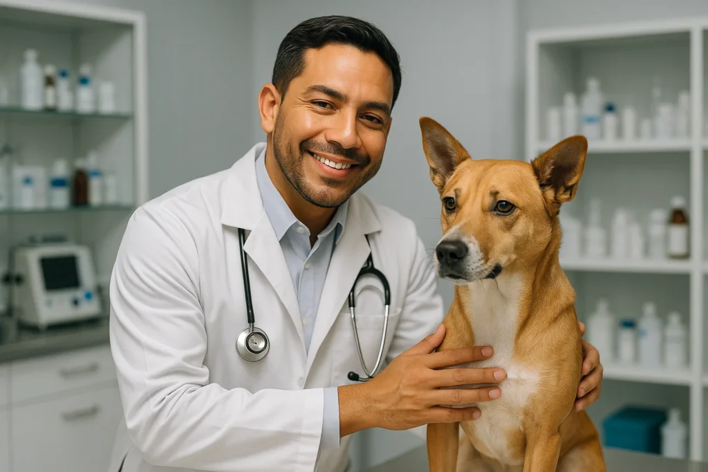 Veterinario atendiendo emergencia intoxicación alimentaria en mascotas