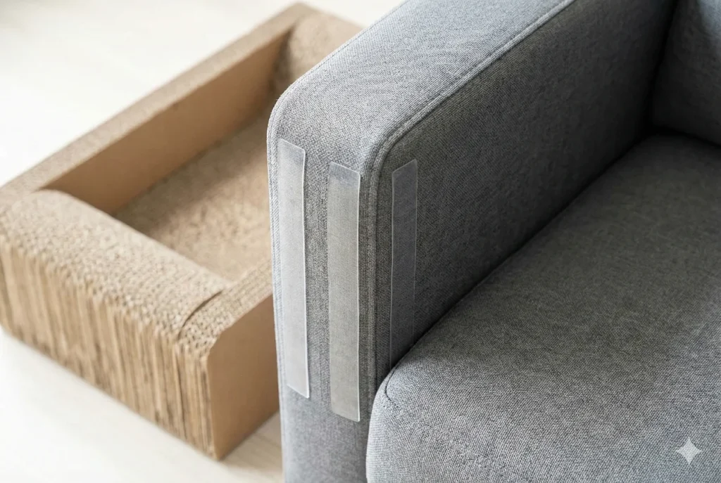 "Sofá protegido con cinta disuasoria y rascador cercano para evitar daños de gatos"