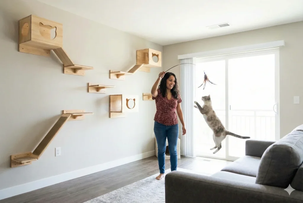 "Enriquecimiento ambiental y juego con gato para prevenir comportamiento destructivo en casa"