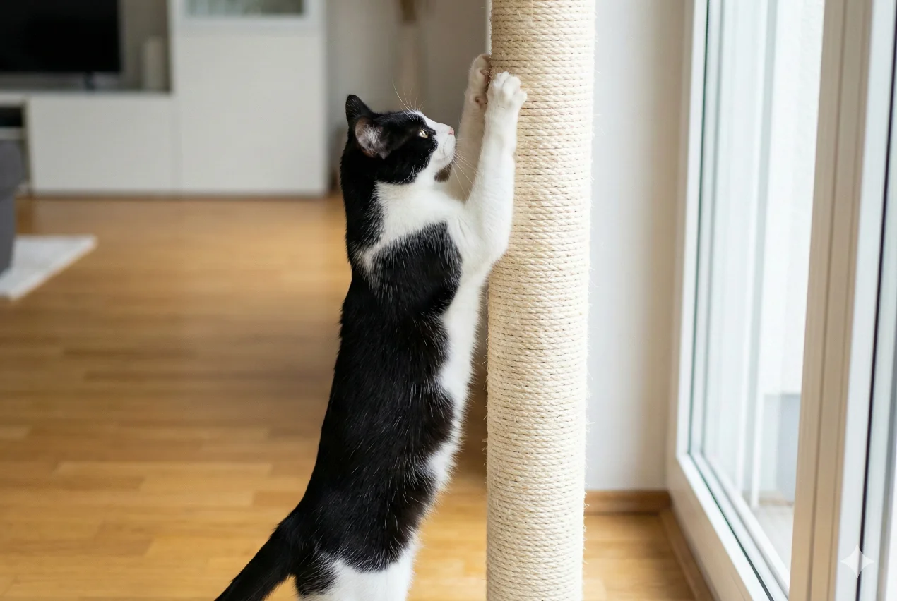 "Gato estirándose en rascador de sisal, técnica clave sobre cómo hacer que mi gato deje de rascar los muebles"