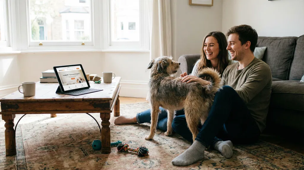 Familia responsable comparando opciones para encontrar el mejor seguro médico para su mascota en Chile.