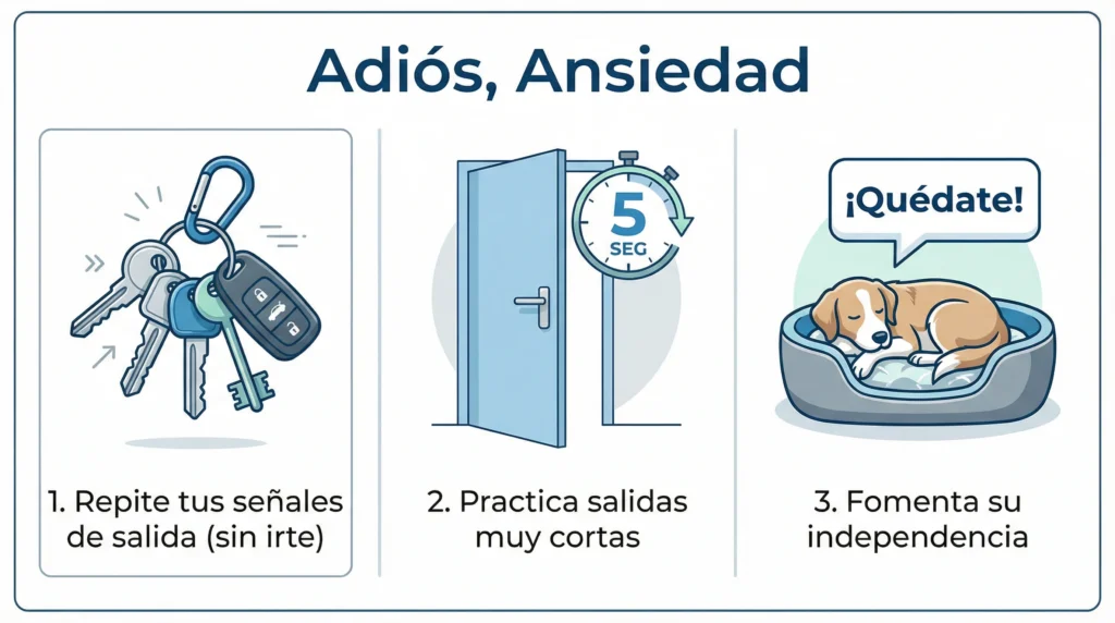 Infografía con 3 ejercicios para reducir la ansiedad de tu perro al quedarse solo.