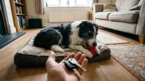 Perro relajado masticando un juguete mientras su dueño coge las llaves, mostrando el éxito de los ejercicios para la ansiedad.