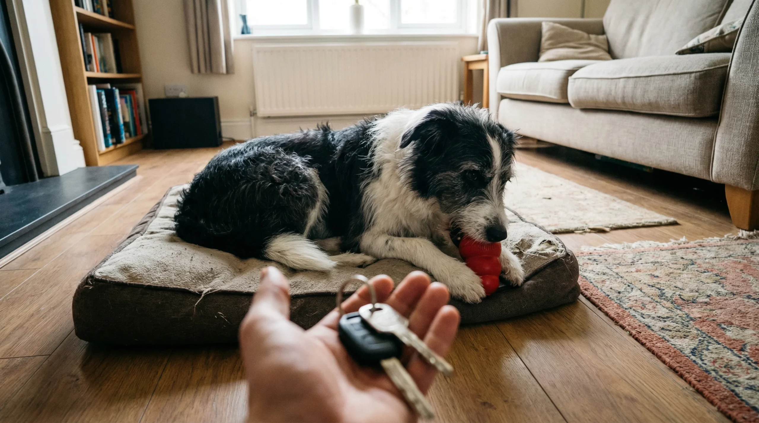 Perro relajado masticando un juguete mientras su dueño coge las llaves, mostrando el éxito de los ejercicios para la ansiedad.