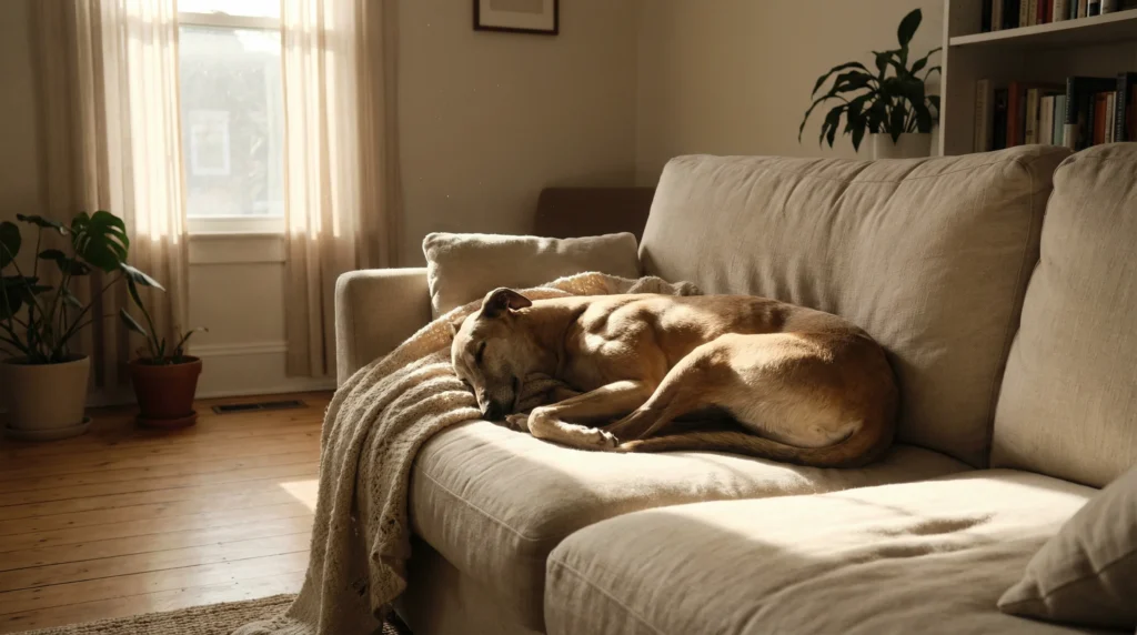 Perro rescatado durmiendo solo y en paz, superando la ansiedad por separación gracias a los ejercicios.