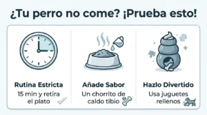 Infografía con tres soluciones si mi perro no quiere comer croquetas: establecer rutinas, añadir sabor y usar juguetes.