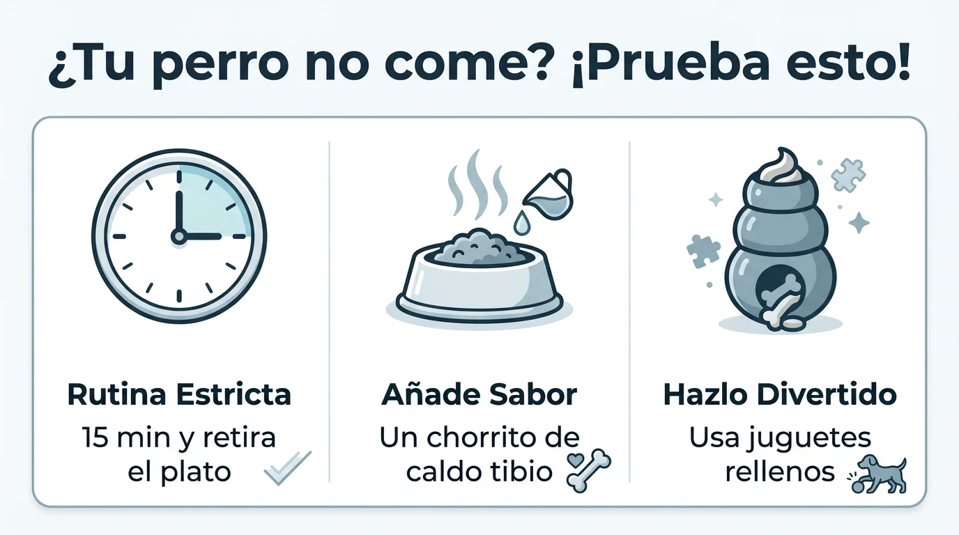 Infografía con tres soluciones si mi perro no quiere comer croquetas: establecer rutinas, añadir sabor y usar juguetes.