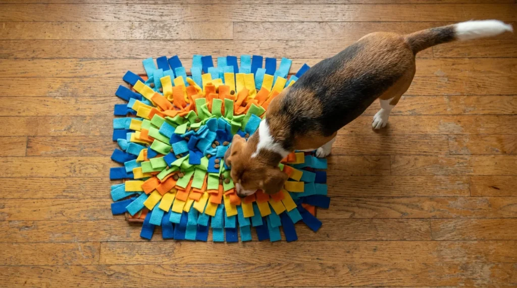 Perro usando una alfombra olfativa para comer sus croquetas, una solución para cuando un perro no quiere comer.