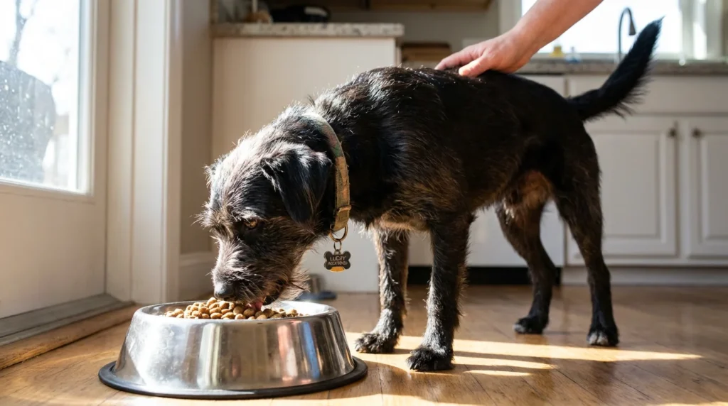 Perro sano y recuperado comiendo felizmente sus croquetas, mostrando el resultado de una buena nutrición.