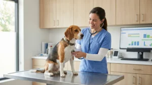 Veterinario realizando un chequeo a un perro para descartar causas médicas de la coprofagia canina.