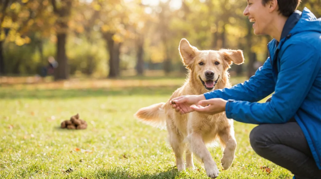Dueño premiando a su perro por ignorar sus heces, una técnica para evitar que se las coma.