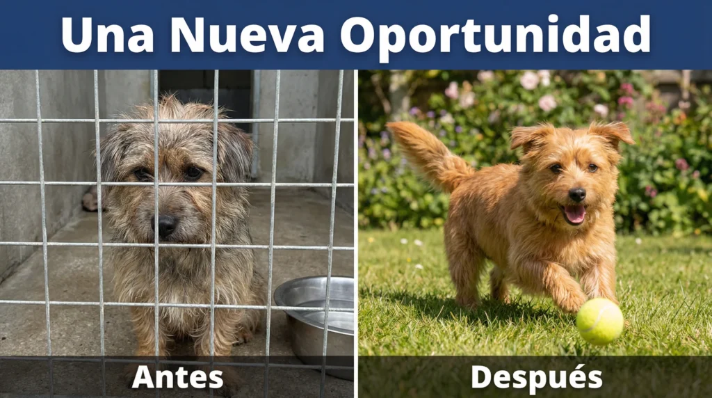 Antes y después de un perro rescatado, mostrando la importancia de la salud integral para evitar problemas como la coprofagia.