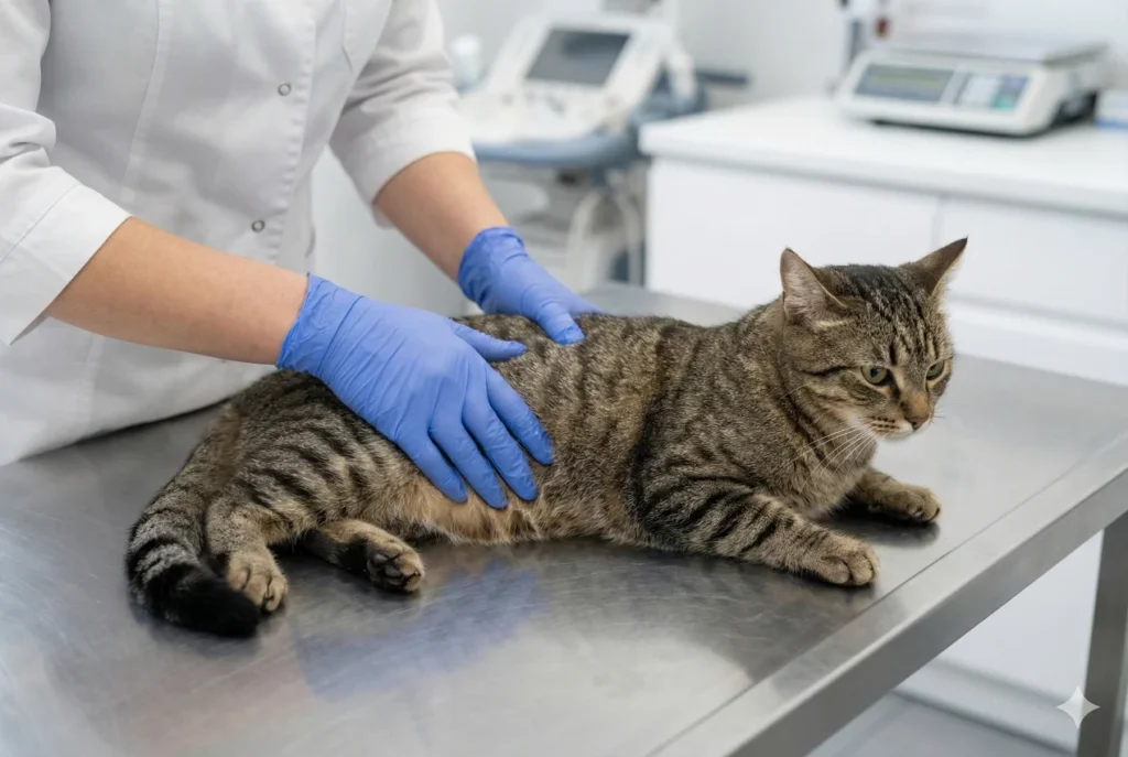 eterinario realizando análisis para detectar infección urinaria o cristales en gatos.