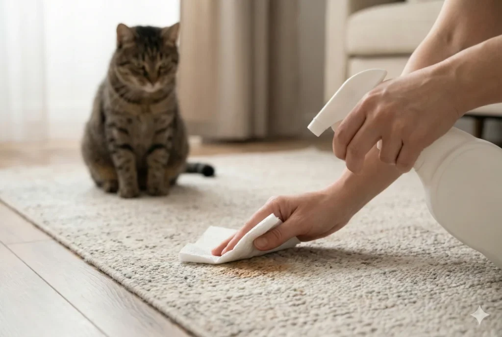 Kit de limpieza enzimática para eliminar olor a orina de gato en alfombras.