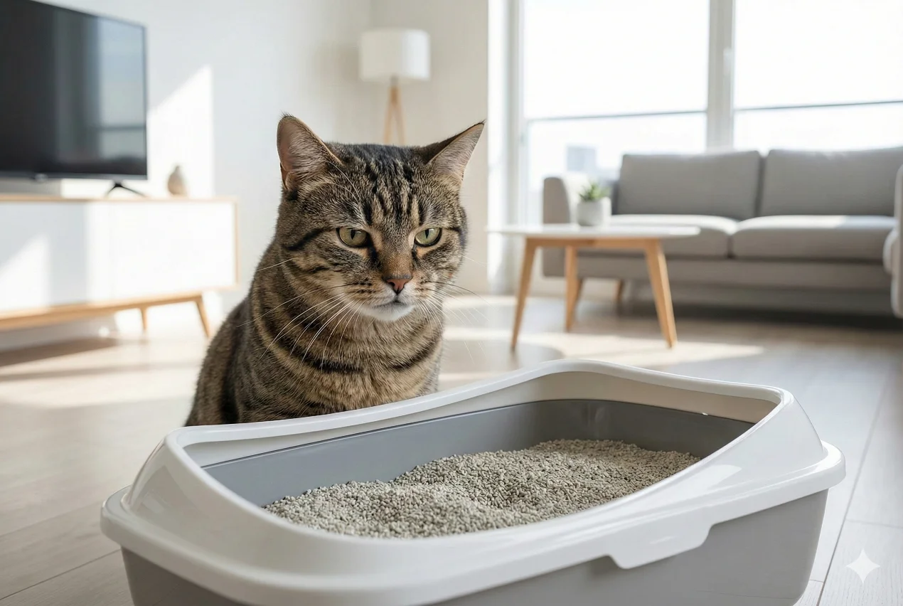 Gato con dudas frente a su caja de arena, ilustrando por qué mi gato orina fuera del arenero de repente