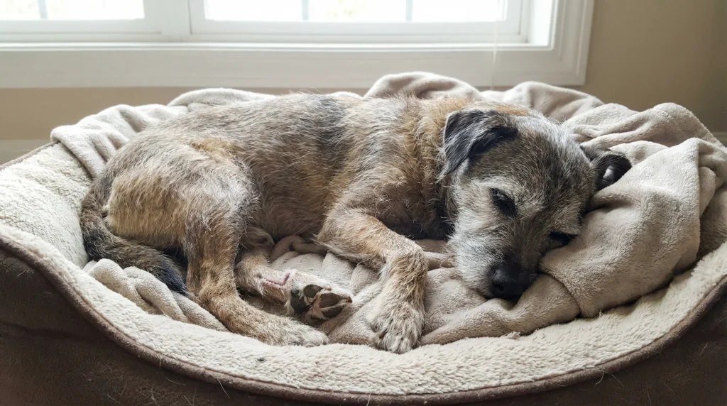 Perro mayor descansando tras superar un problema de salud como un bulto en la pata.