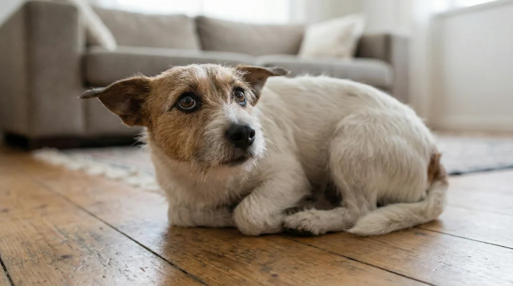 Un perro pequeño tiembla en el suelo mientras su dueño lo regaña, mostrando miedo y ansiedad.