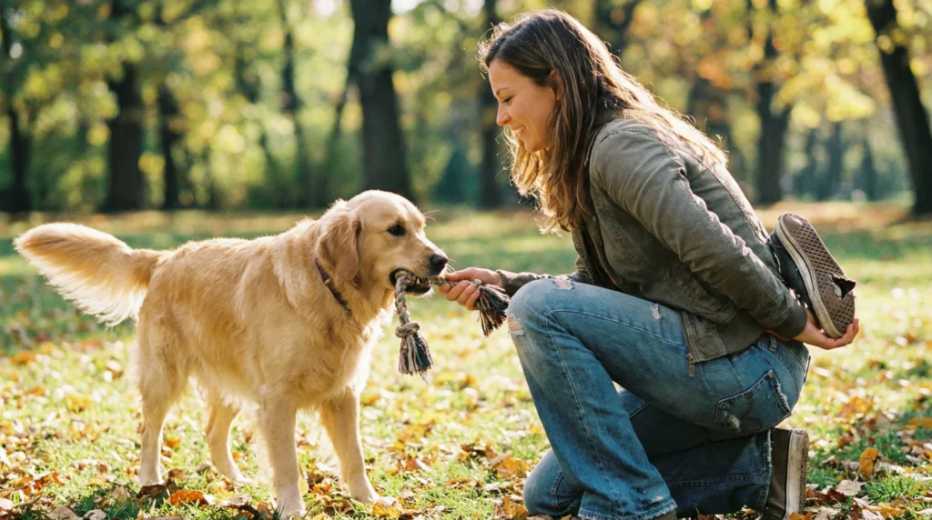 Dueño usando refuerzo positivo, redirigiendo a su perro que tiembla hacia un juguete en lugar de regañarlo.