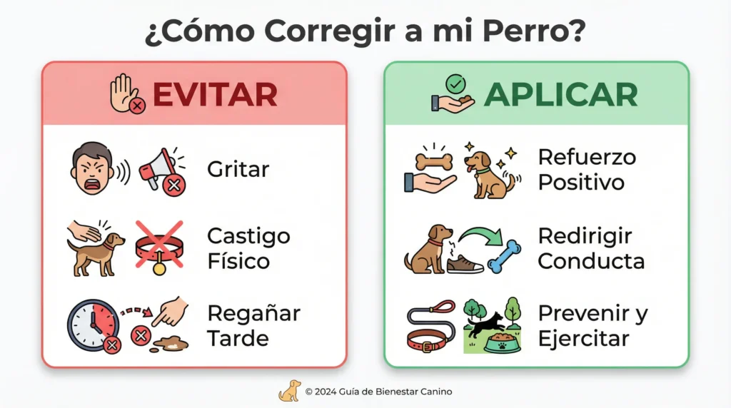 Infografía comparando métodos de castigo ineficaces con técnicas de entrenamiento positivo para un perro que tiembla.