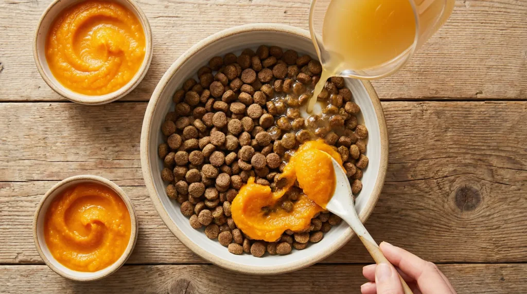 Plato de comida mostrando cómo hacer más ricas las croquetas de mi perro con caldo y puré de calabaza.