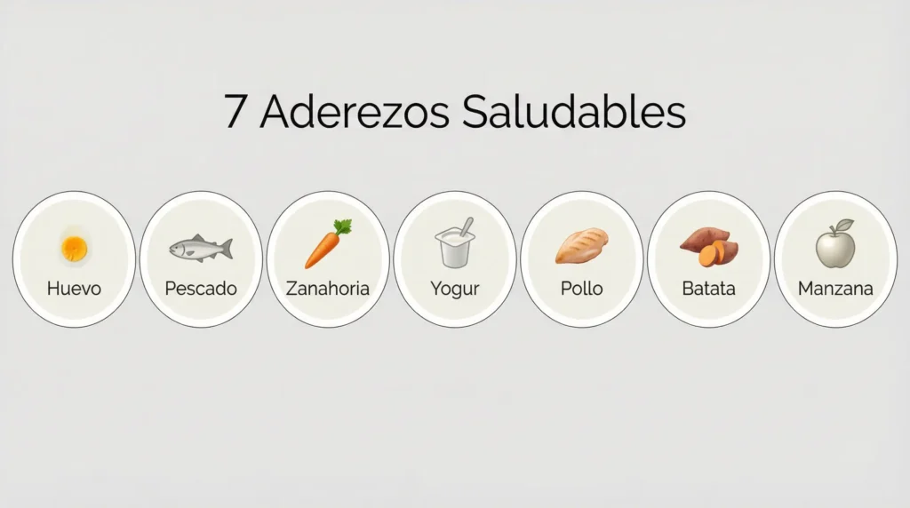 Infografía con 7 ideas sobre cómo hacer más ricas las croquetas de mi perro usando aderezos saludables.